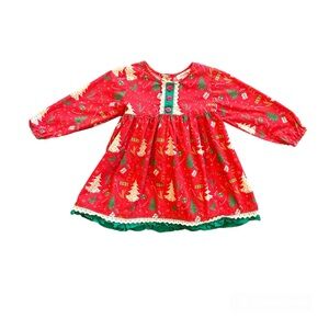 Sweetdil red Christmas tree print dress with crochet lace trim sz 2